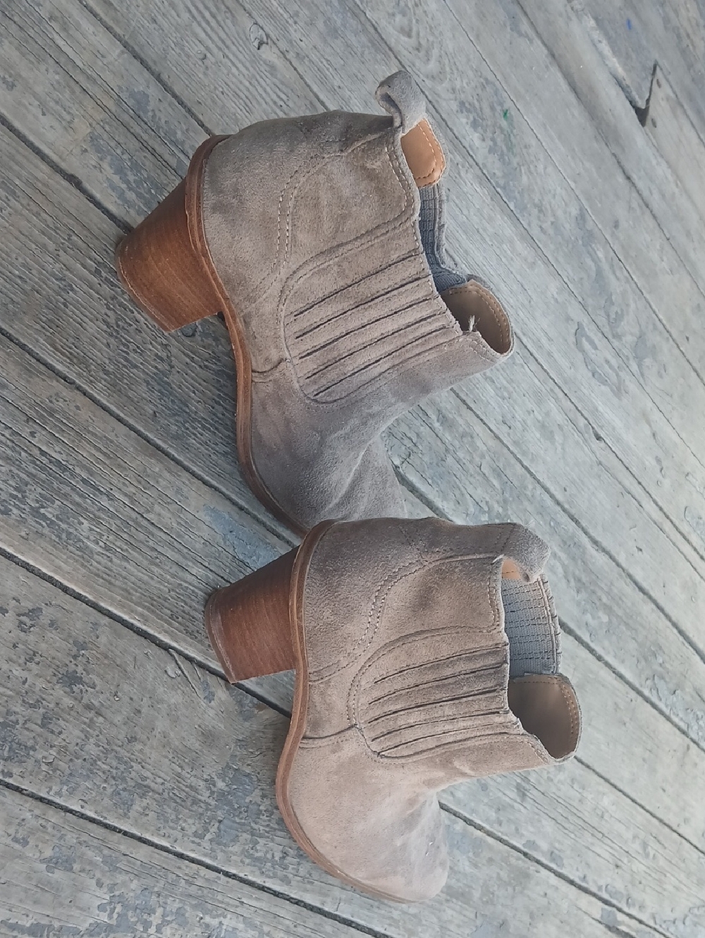 Nine West Taupe Suede Ankle Booties with Wood Heel